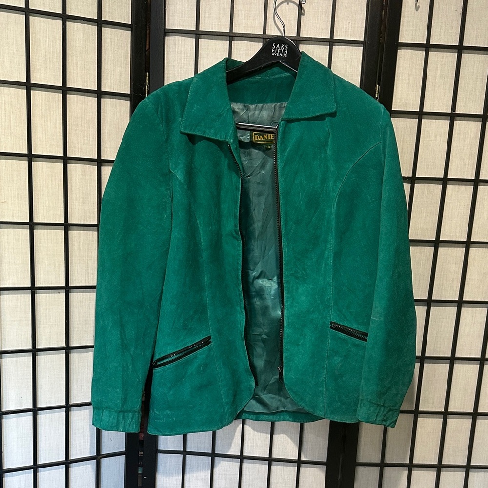 Danier Vintage Emerald Green Suede Leather Blazer Satin Lined Canada Large